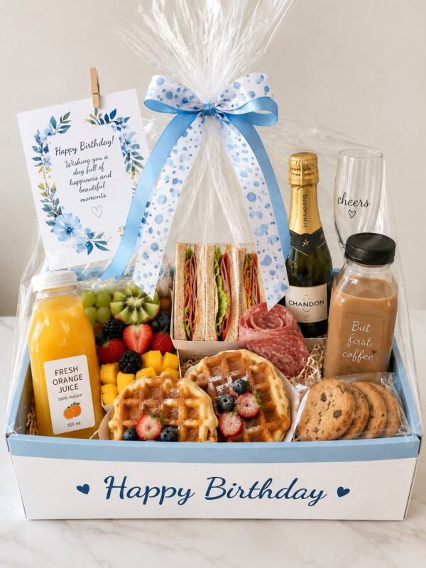 Birthday Brunch Box: Happy Birthday box with sandwiches, waffles, fruit, juices and a blue ribbon