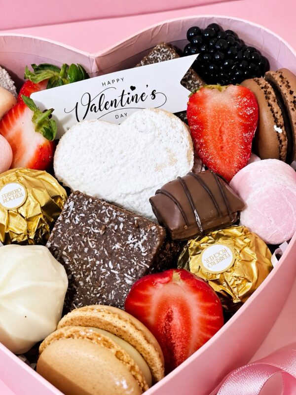 Heart Dessert Box: heart-shaped box with strawberries, macarons, brownies and chocolates